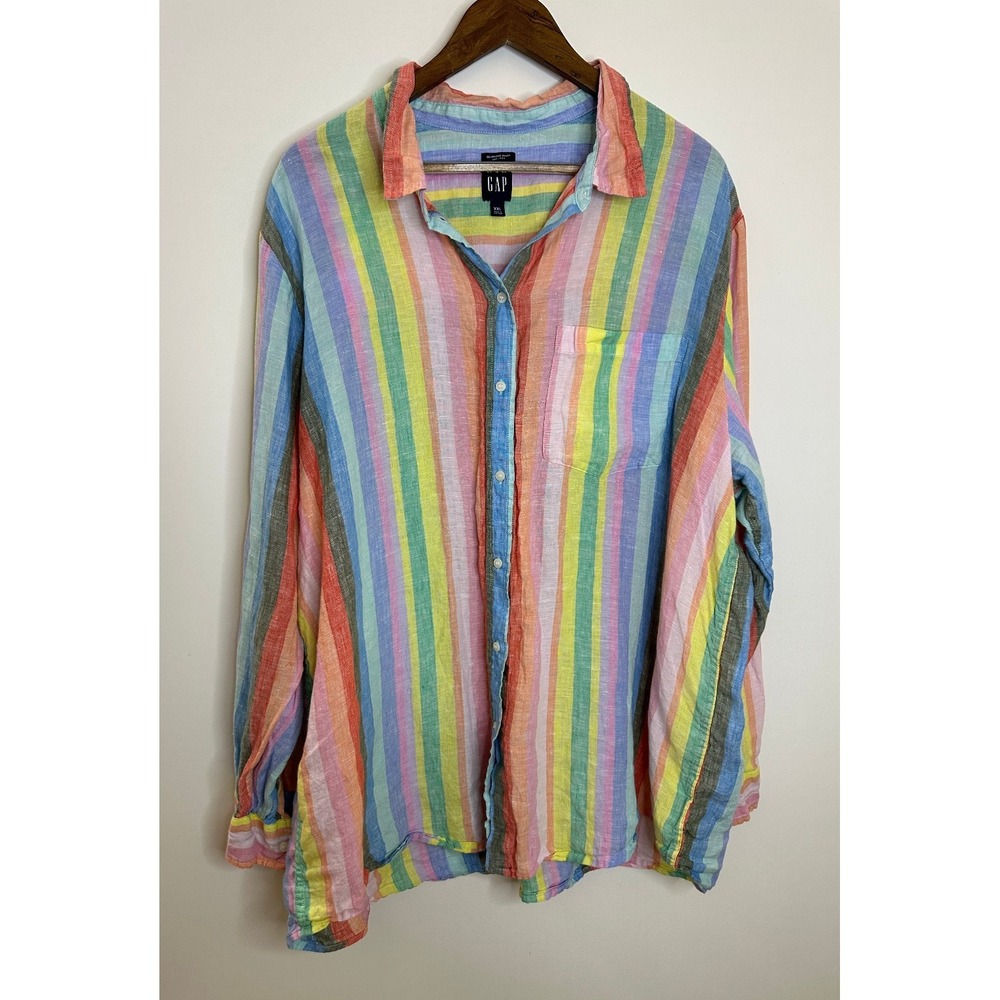 GAP 100% Linen Boyfriend Shirt Striped Button Down Women's Size XXL Coastal Vaca - Picture 11 of 14